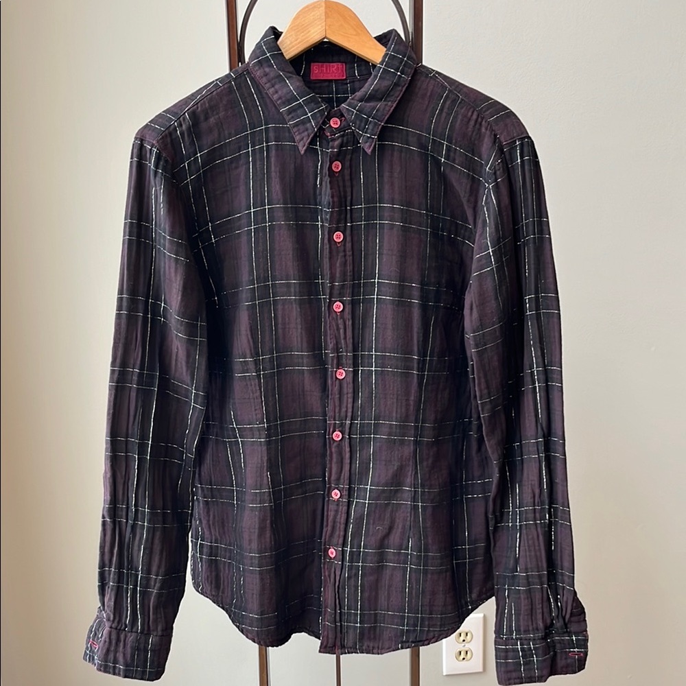 CP‎ Shades Plaid Cotton Button Down Long Sleeve Shirt Silver Stripe
